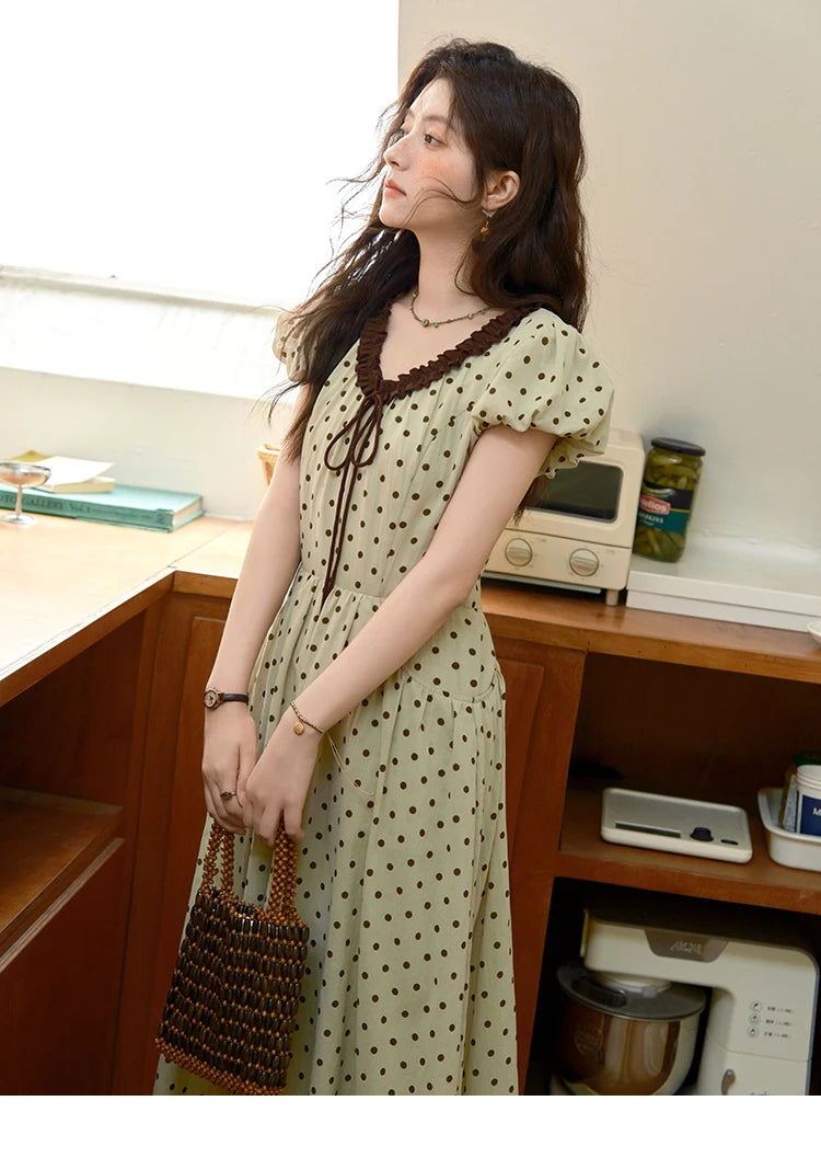 Mishow Polka Dot V-Neck Lace Up Puff Sleeve Dress MXE39L2326