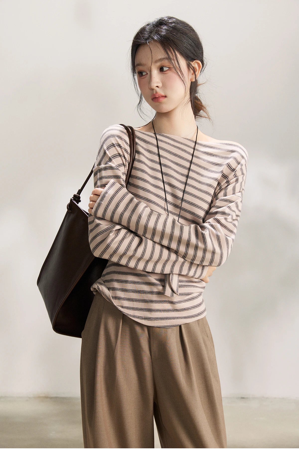 Mishow Striped Boat Neck T-Shirt with Necklace MXF13T1514