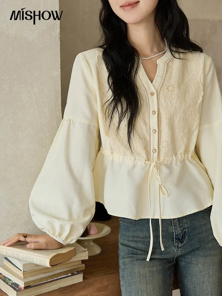 MISHOW French V-Neck Blouse Lace Lantern Sleeve Drawstring Waist MXD45X1660