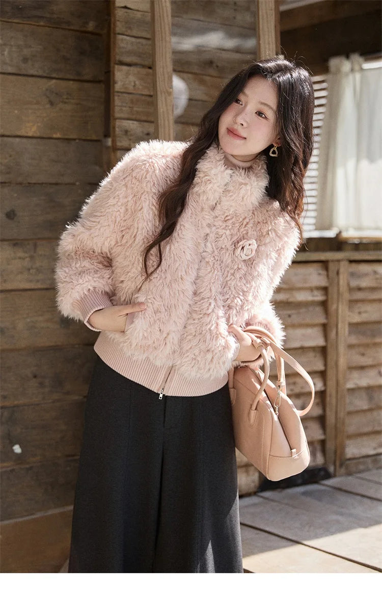 Mishow Pink Stand Collar Faux Lamb Wool Coat MXE91W0974