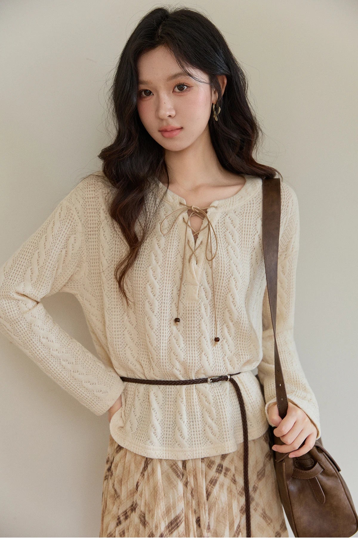 Mishow Beige V-Neck Lace-Up Cable Knit Sweater MXF108Z1029