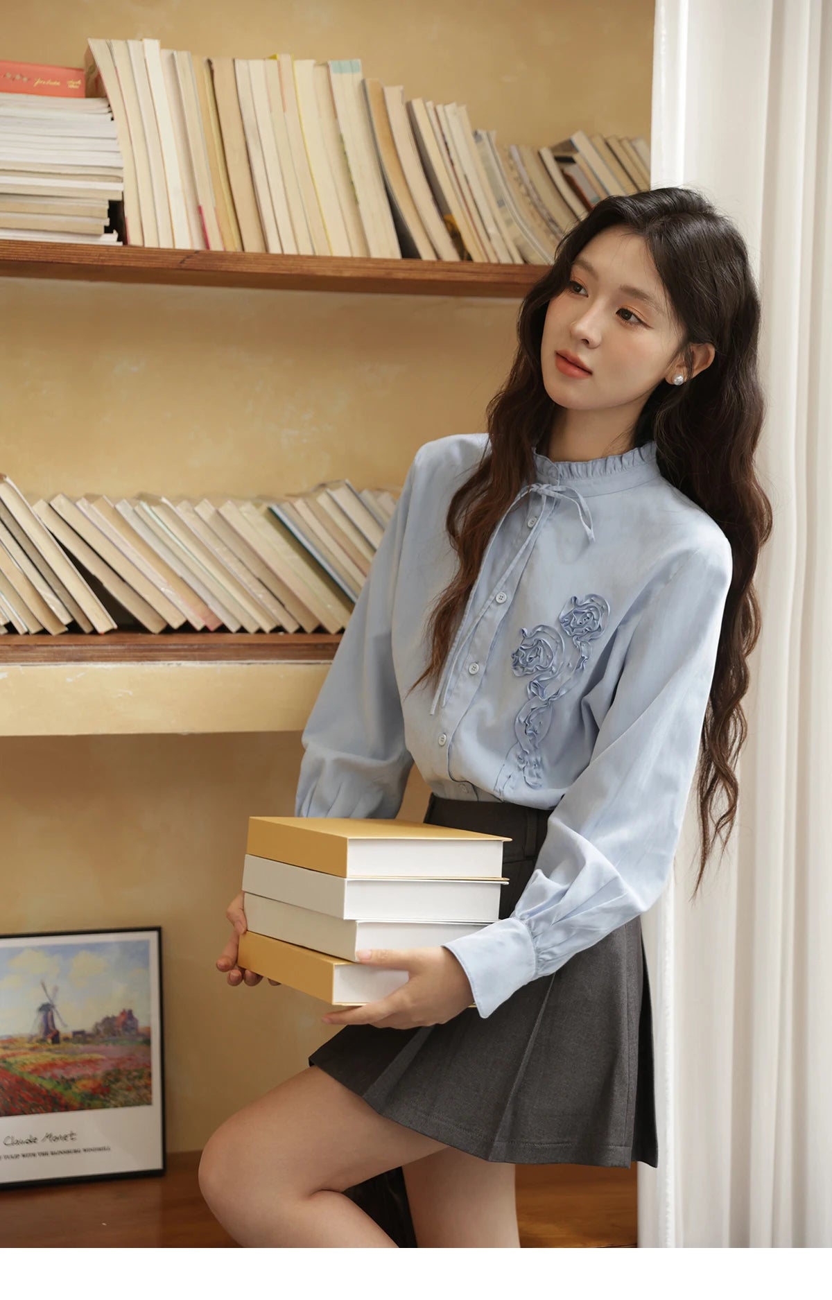 MISHOW Coiled Flowers Embroidered Blue Shirt MXE44C2398