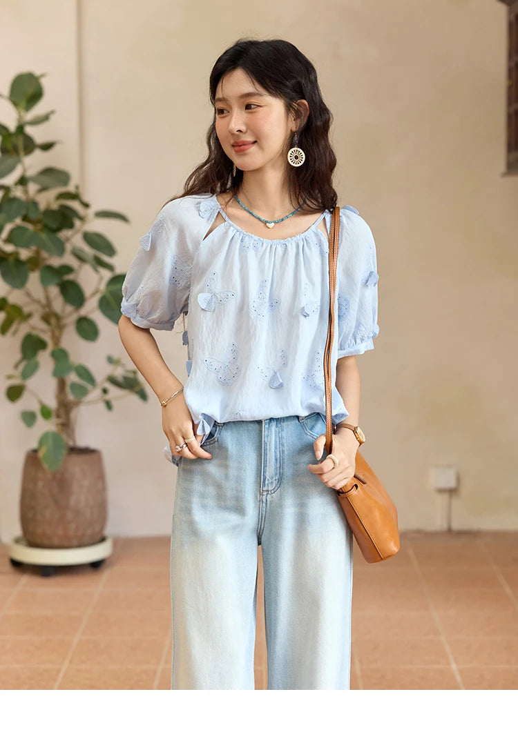 MISHOW Butterfly Embroidery Blouse Hollow Out O-Neck MXE36X1878