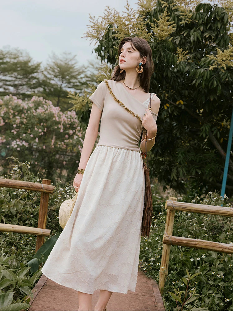Mishow Off-Shoulder Knitted Patchwork Midi Dress MXE33L2207
