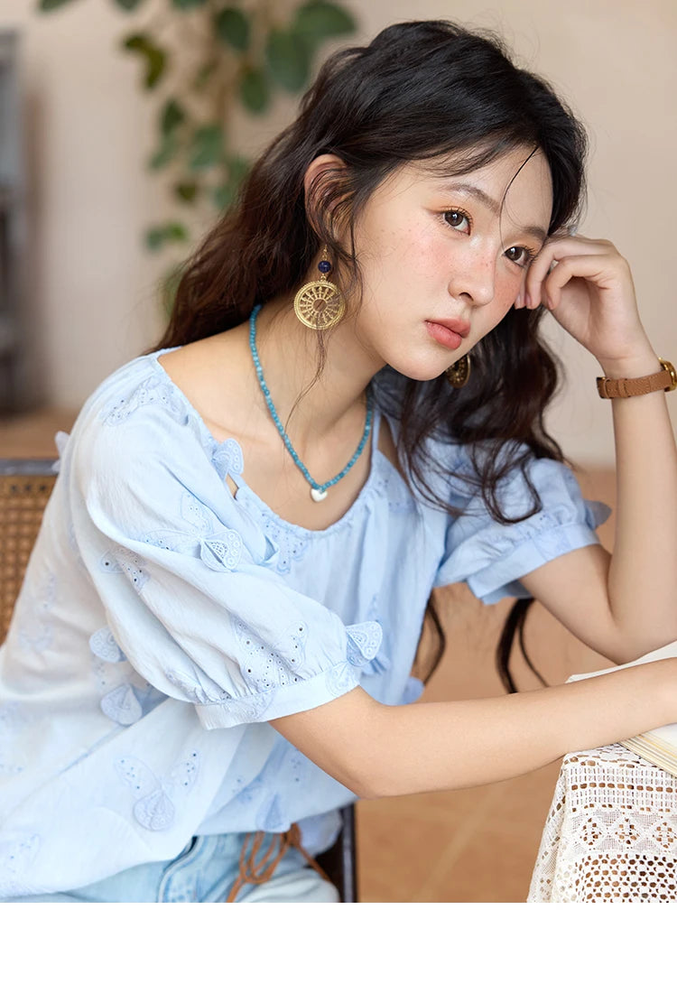 MISHOW Butterfly Embroidery Blouse Hollow Out O-Neck MXE36X1878