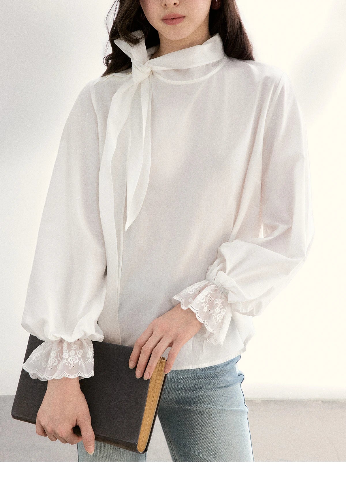 MISHOW White Blouse Bow Tie Neck Lantern Sleeve Lace Patchwork MXF108C0814