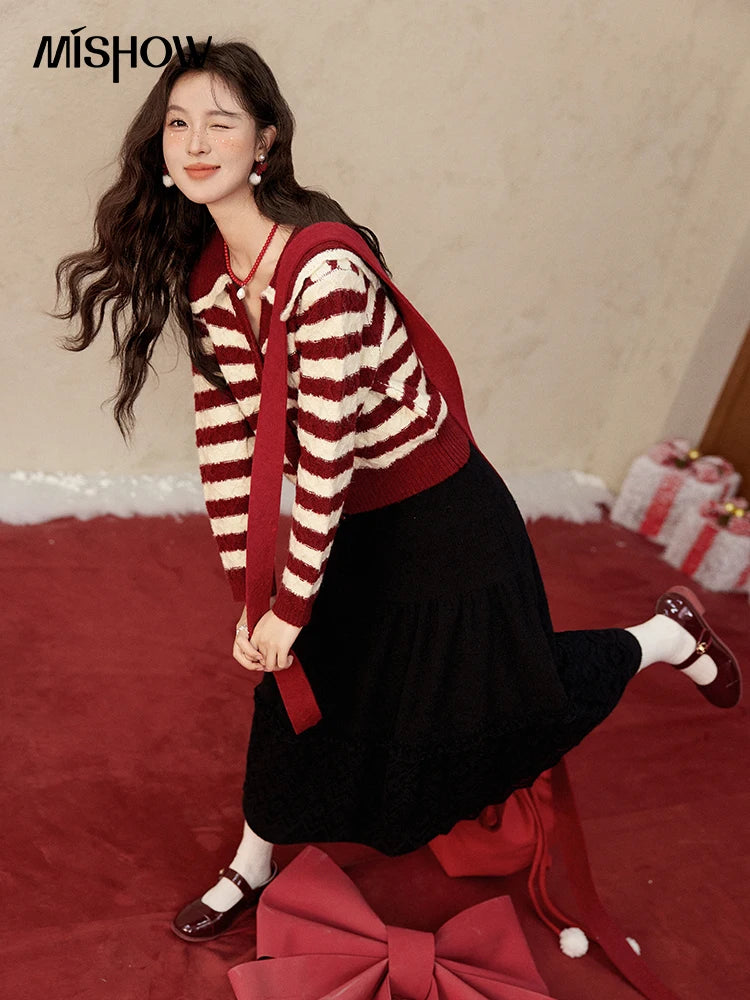 Mishow Christmas Red Striped Wool Blend Cropped Cardigan MXD58Z1038