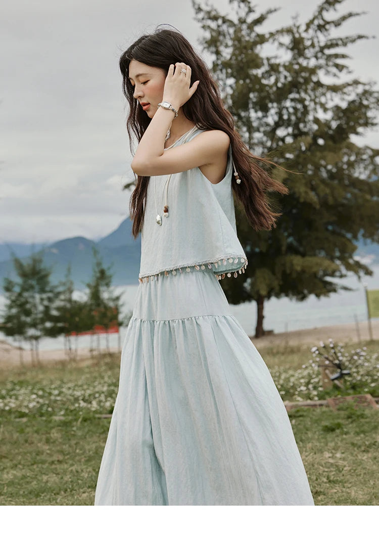 Mishow Sleeveless Round Neck Vest & Solid Midi Skirt Set MXE33T0526