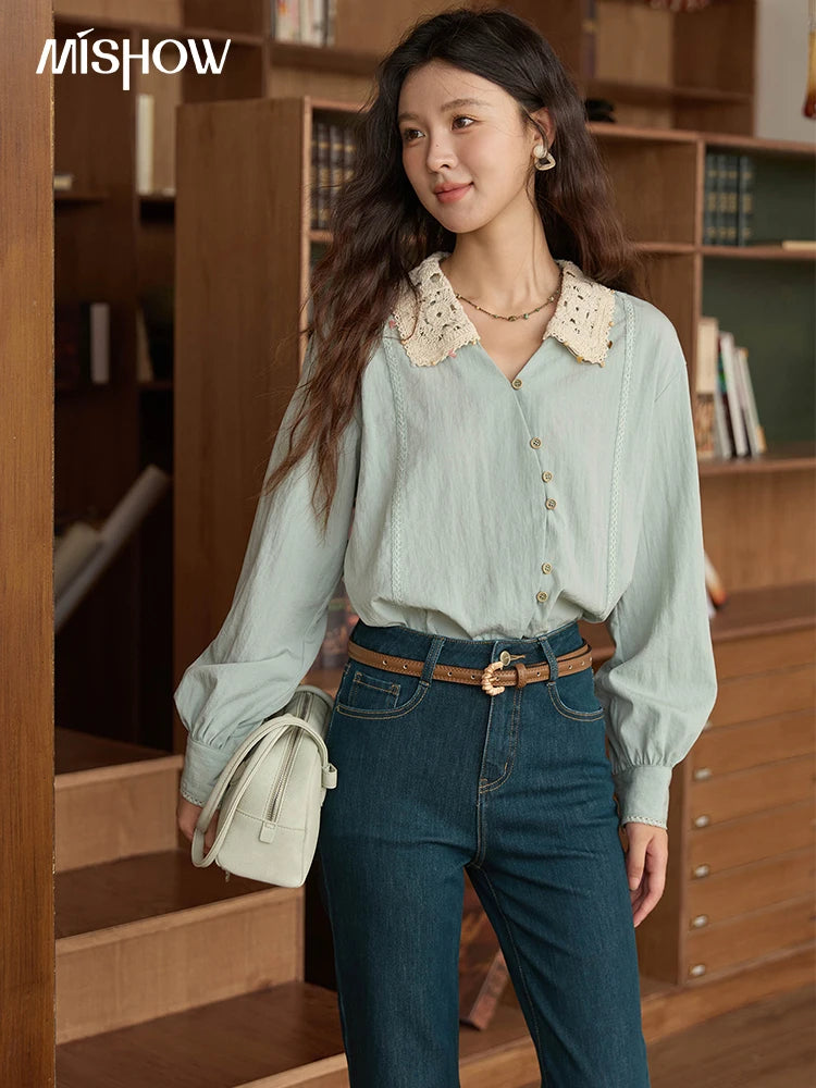 MISHOW Linen Shirt Contrast Apricot Lapel Curved Placket MXE43C2387
