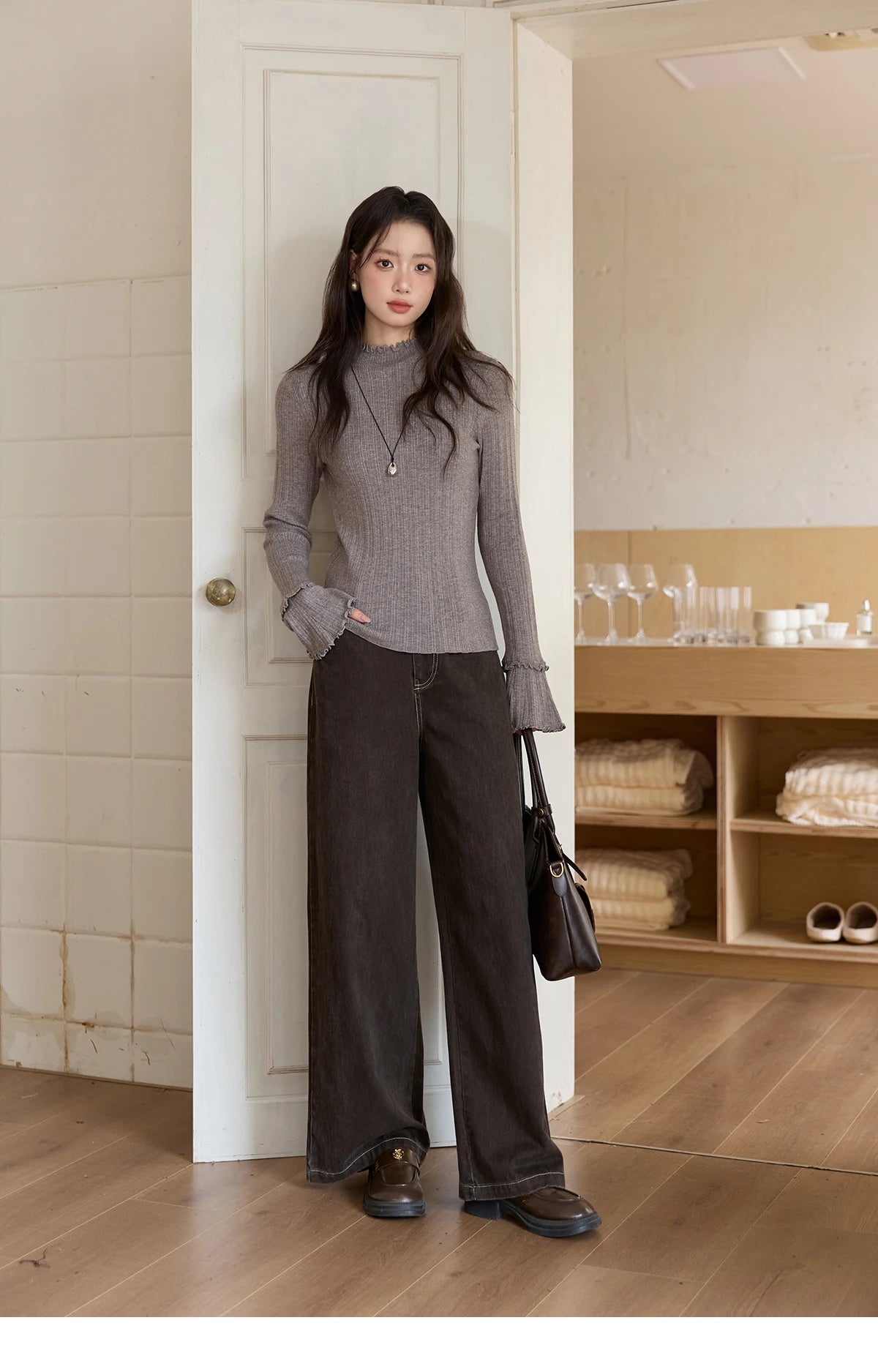 Mishow Turtleneck Wood Ear Trumpet Sleeve Top MXE51Z2552