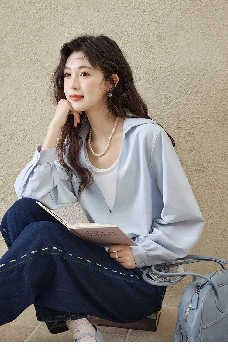 MISHOW French Fake Two-Piece Blouse Turn-Down Collar Lace Splicing MXE16C0783