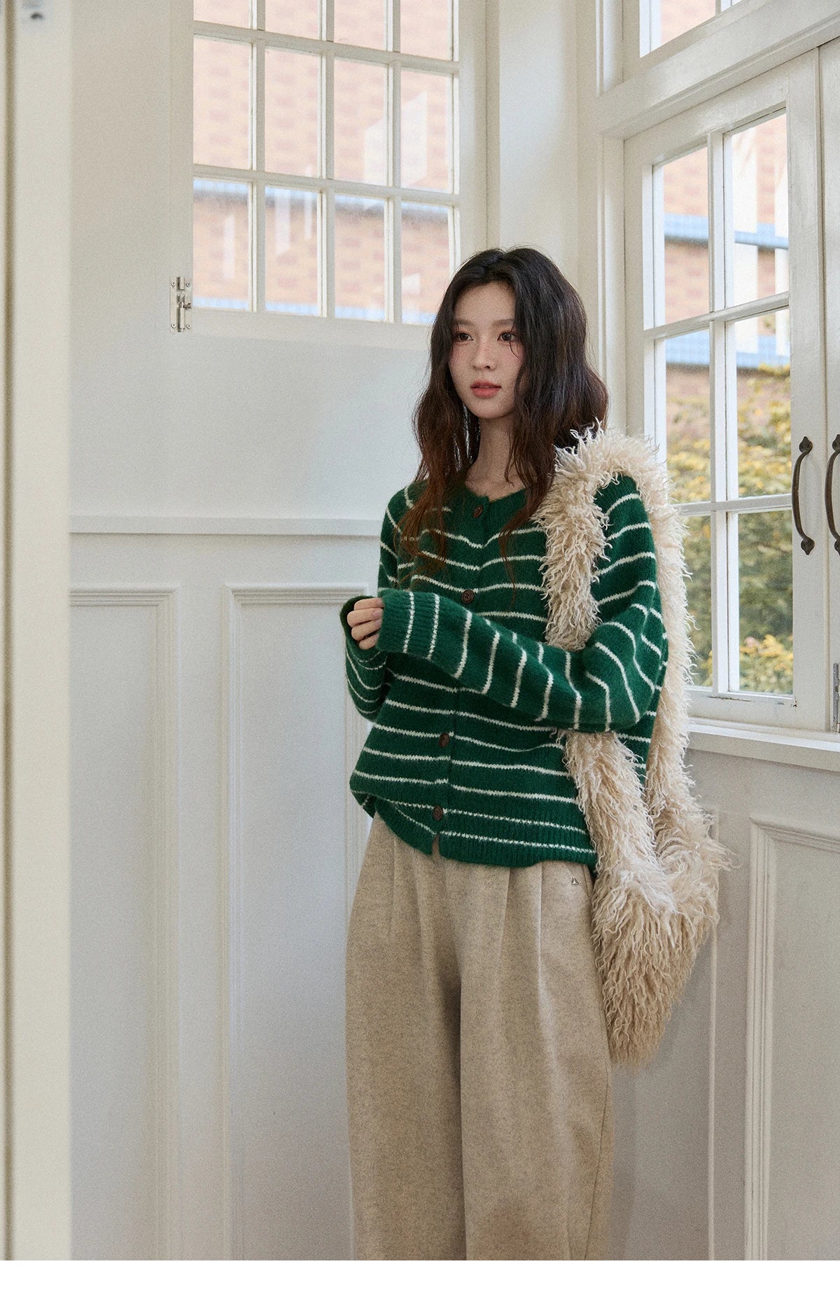 Mishow Green Striped Wool Blend Retro Cardigan MXE86Z2735