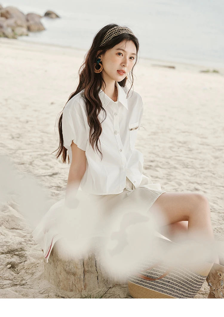 MISHOW Short Puff Sleeve Blouse Turn Down Collar Shell Ribbon MXE33C0773