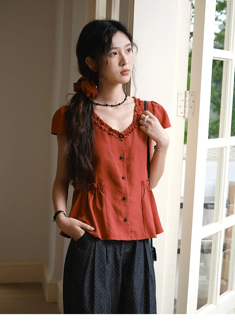 MISHOW Mushroom Edge V-Neck Blouse Button Short Sleeve MXE38X1867