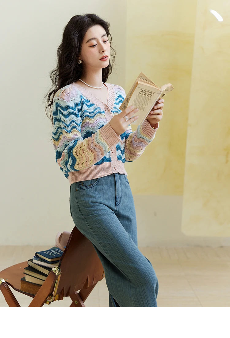 Mishow Color Stripe V-Neck Loose Cardigan MXE16Z1203