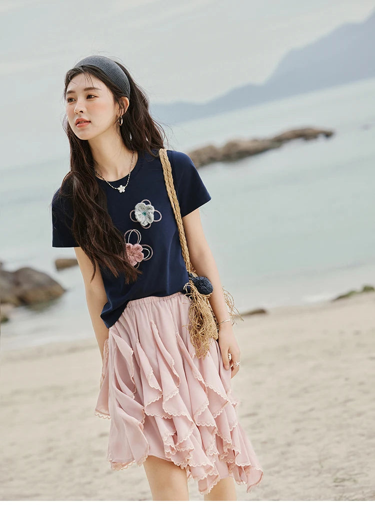 Mishow Flower Beaded Round Neck Tee MXE33T0499