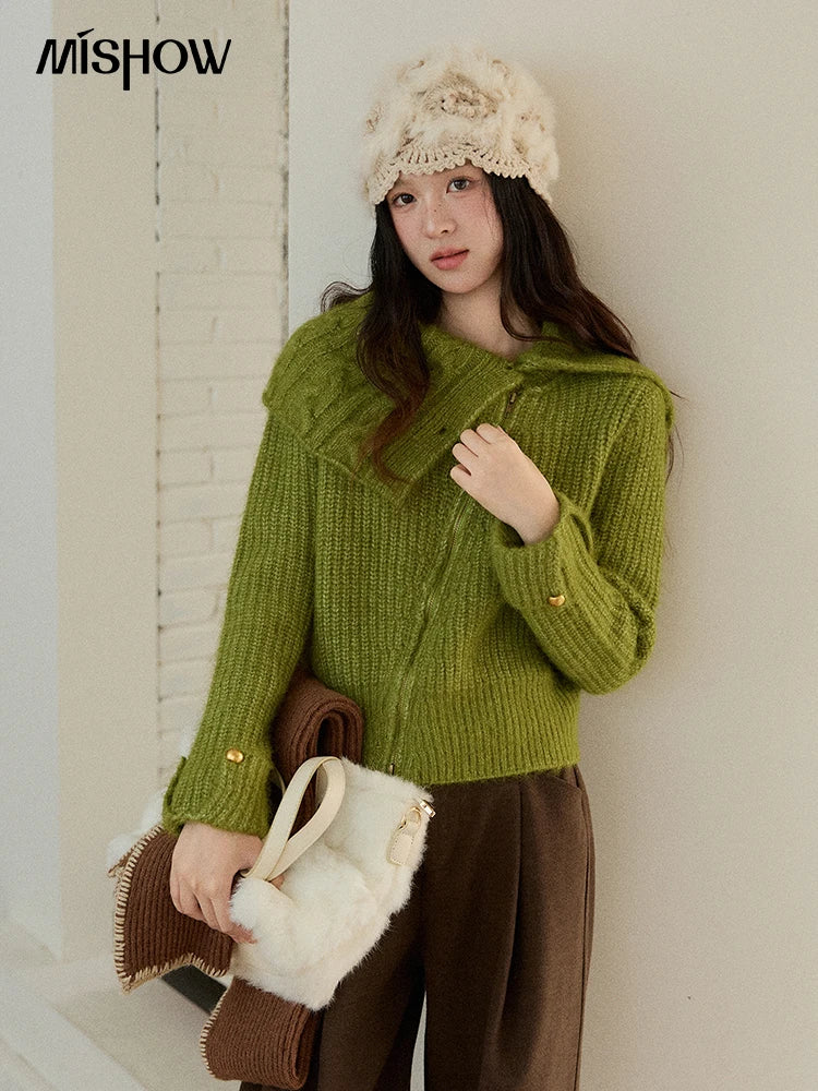 Mishow Green Wool Blend Long-Pile Large Lapel Pullover MXE90Z2760