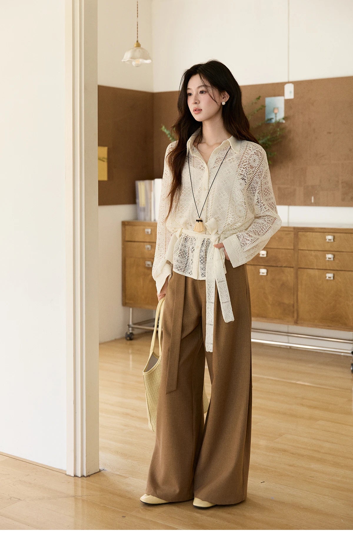 MISHOW Hollow Lace Shirt Camisole Set Drawstring Waist MXF108C0816