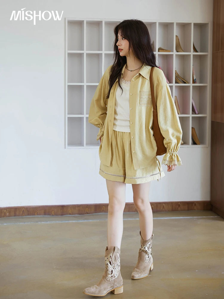 Mishow Yellow Linen Lace Shirt & Camisole & Shorts Three-Piece Set MXE42T0718