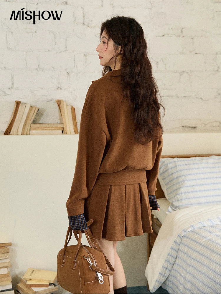 Mishow College Style Fake 2-Piece Sweatshirt & Pleated Skirt Set MXE86T1447