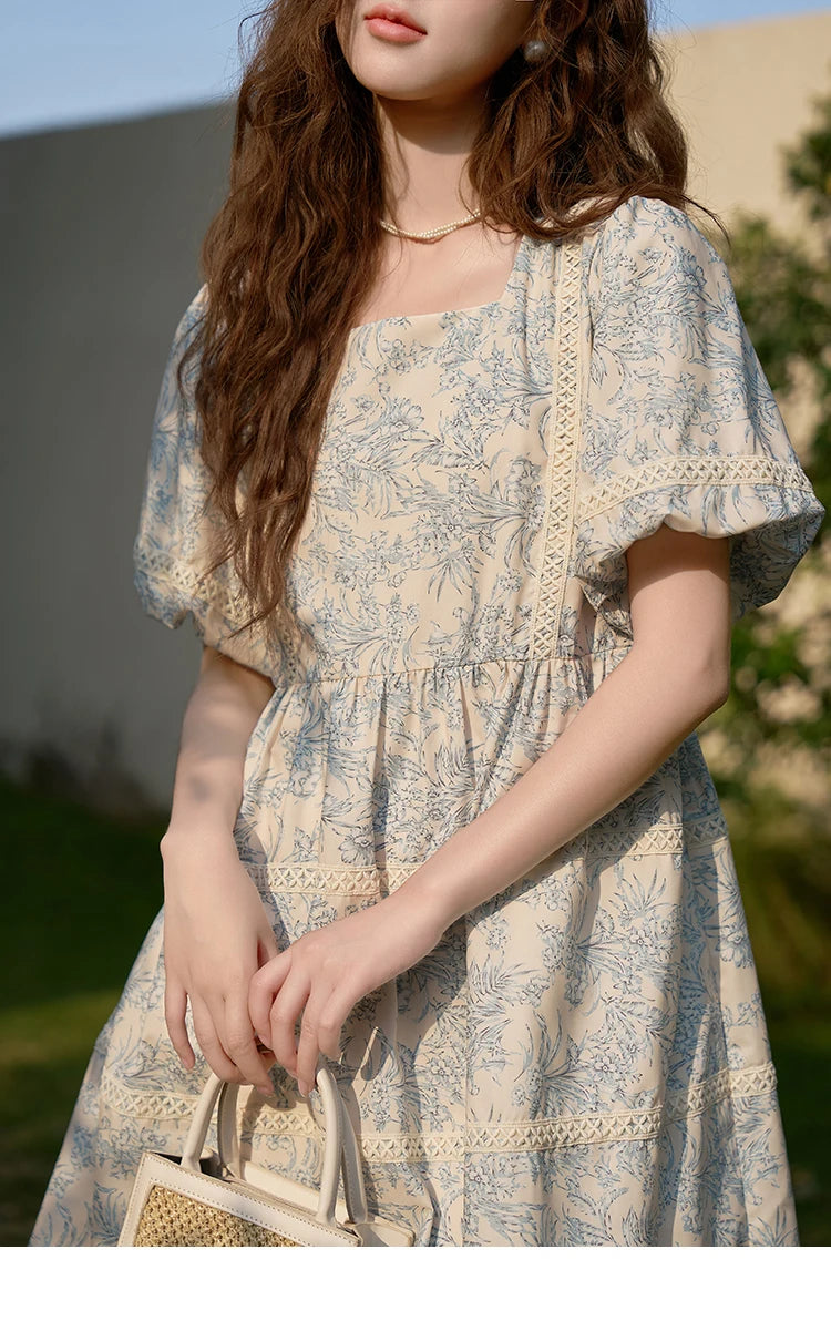 Mishow Square Collar Blue Floral Puff Sleeve Dress MXC38L1520