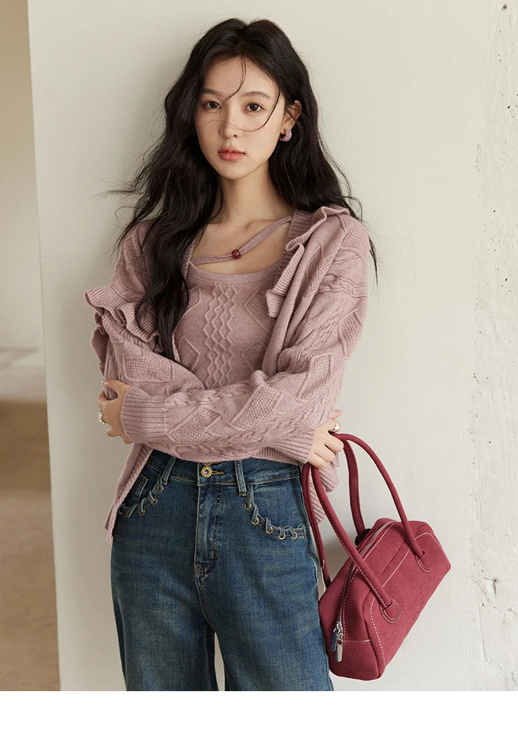 Mishow Pink Asymmetric Flounce Knit Vest Set MXD45Z0781
