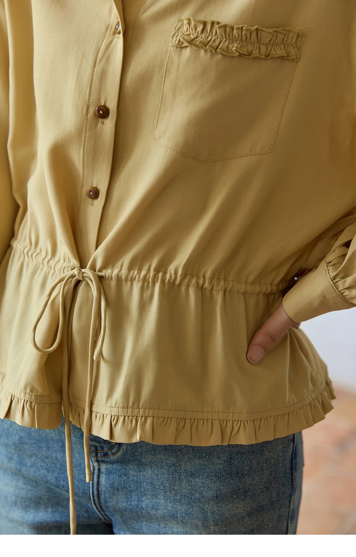 MISHOW Yellow Drawstring Waist Shirt Lapel Lantern Sleeve MXE42C2368
