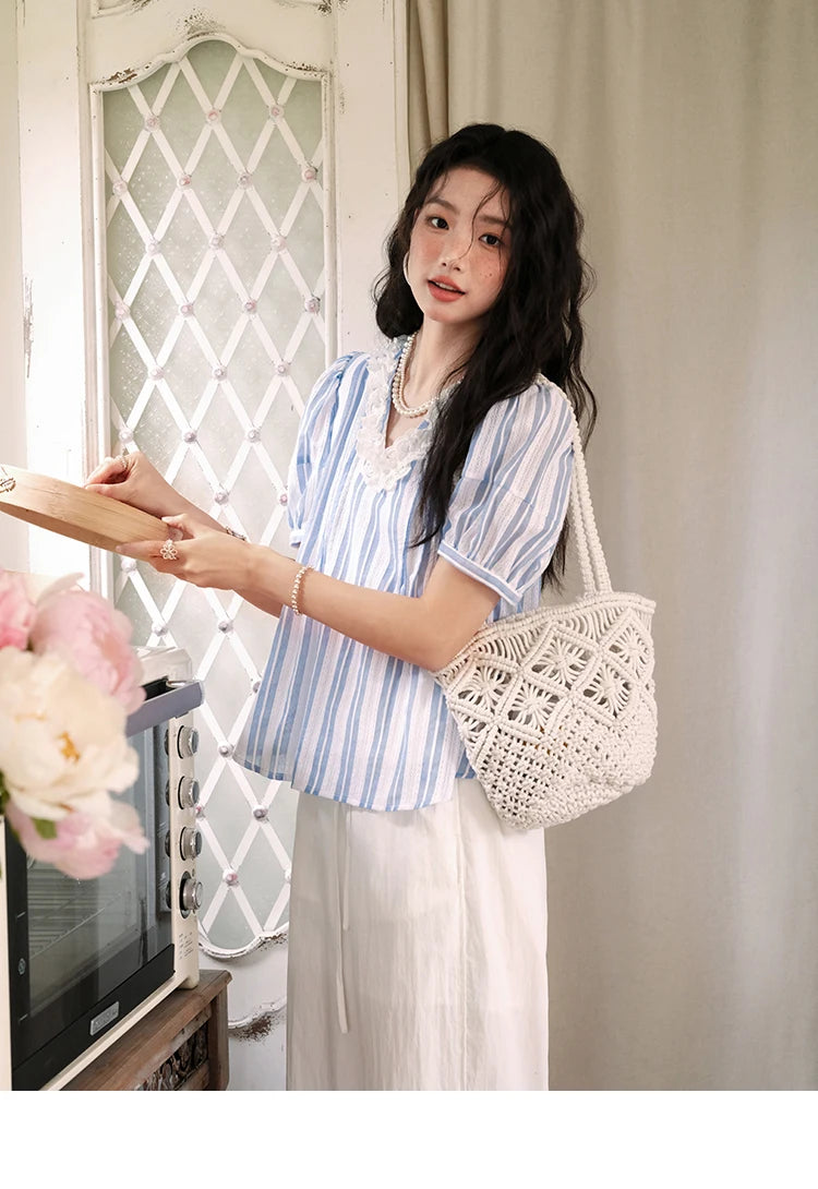 MISHOW Cotton Striped Blouse Lantern Sleeve Lace V-Neck MXE36X1845