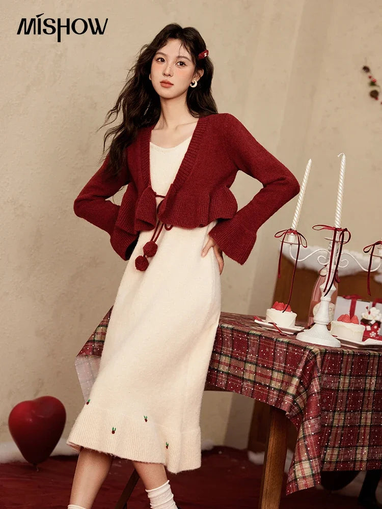 Mishow Pom-Pom Lace-Up Cardigan & Ruffle Strap Dress Set MXD59L2133