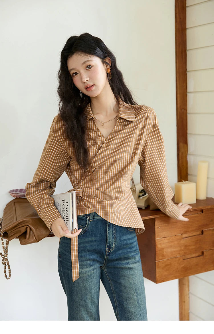 MISHOW Dark Orange Plaid Shirt Side Waist Lace-Up MXE46X2494