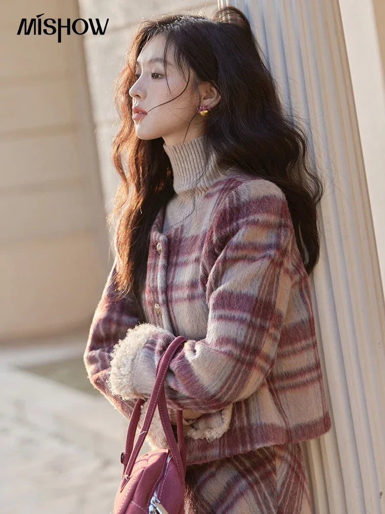 Mishow Plaid Tweed Jacket & Midi Skirt Set MXD54W0562