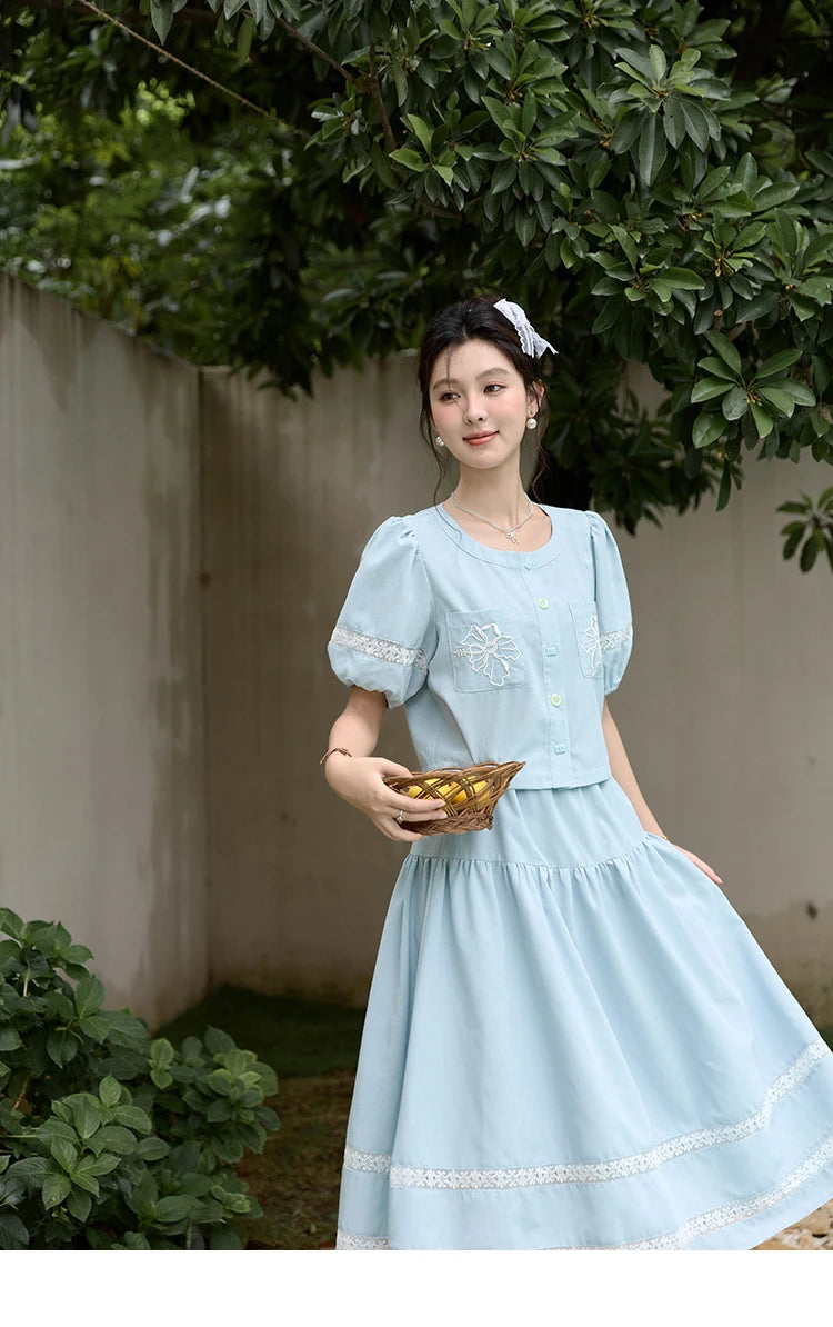 MISHOW Blue Lace Patchwork Top Elastic Waist Skirt Set MPD22B0450