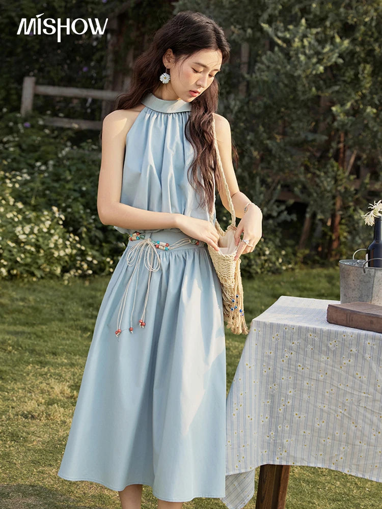 Mishow Solid Halter Neck Top & Midi Skirt Set with Belt MXE33T0546