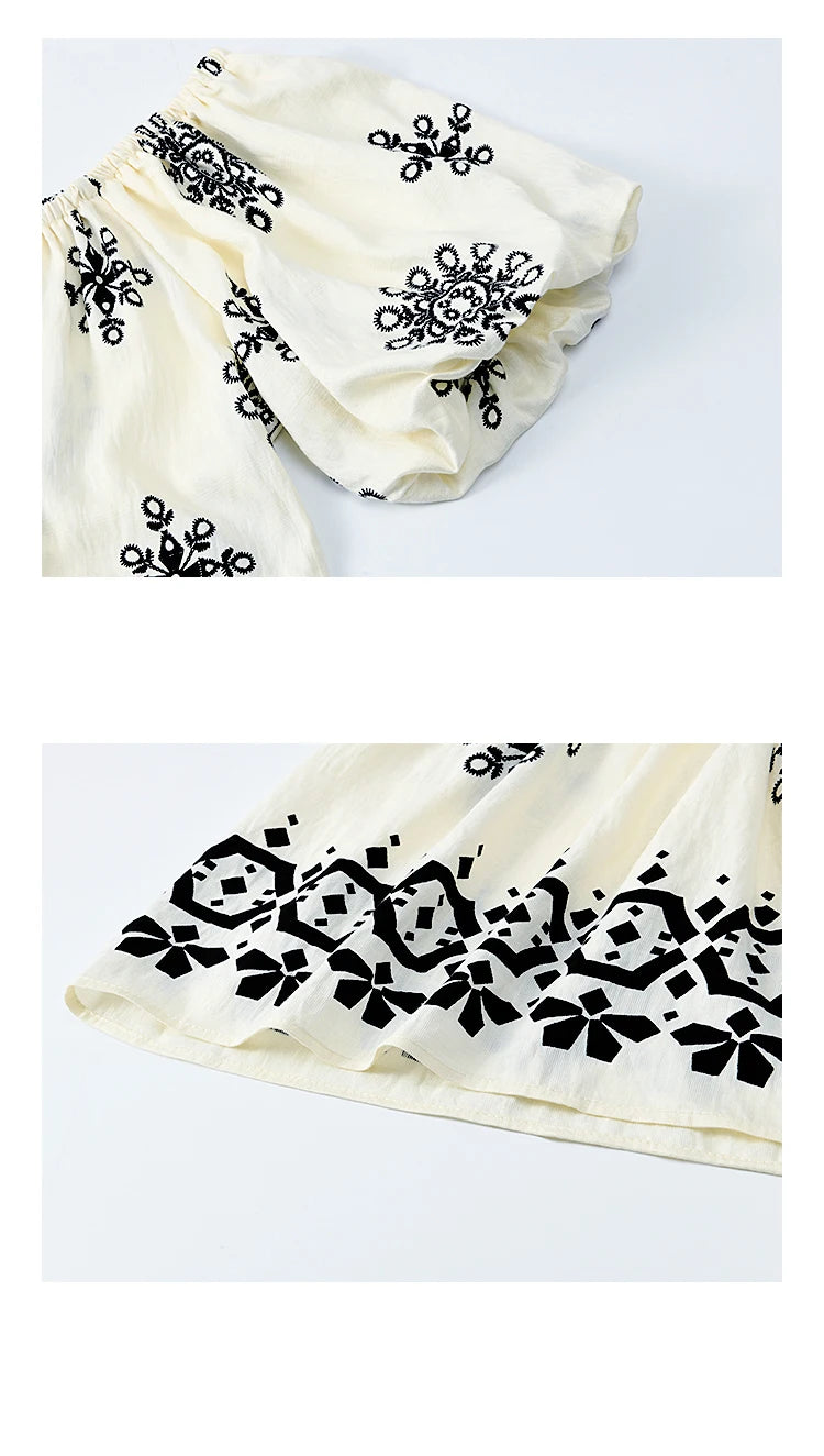 MISHOW Bohemian Print Blouse Short Puff Sleeve Square Collar Shell Ribbon MXE35X1817
