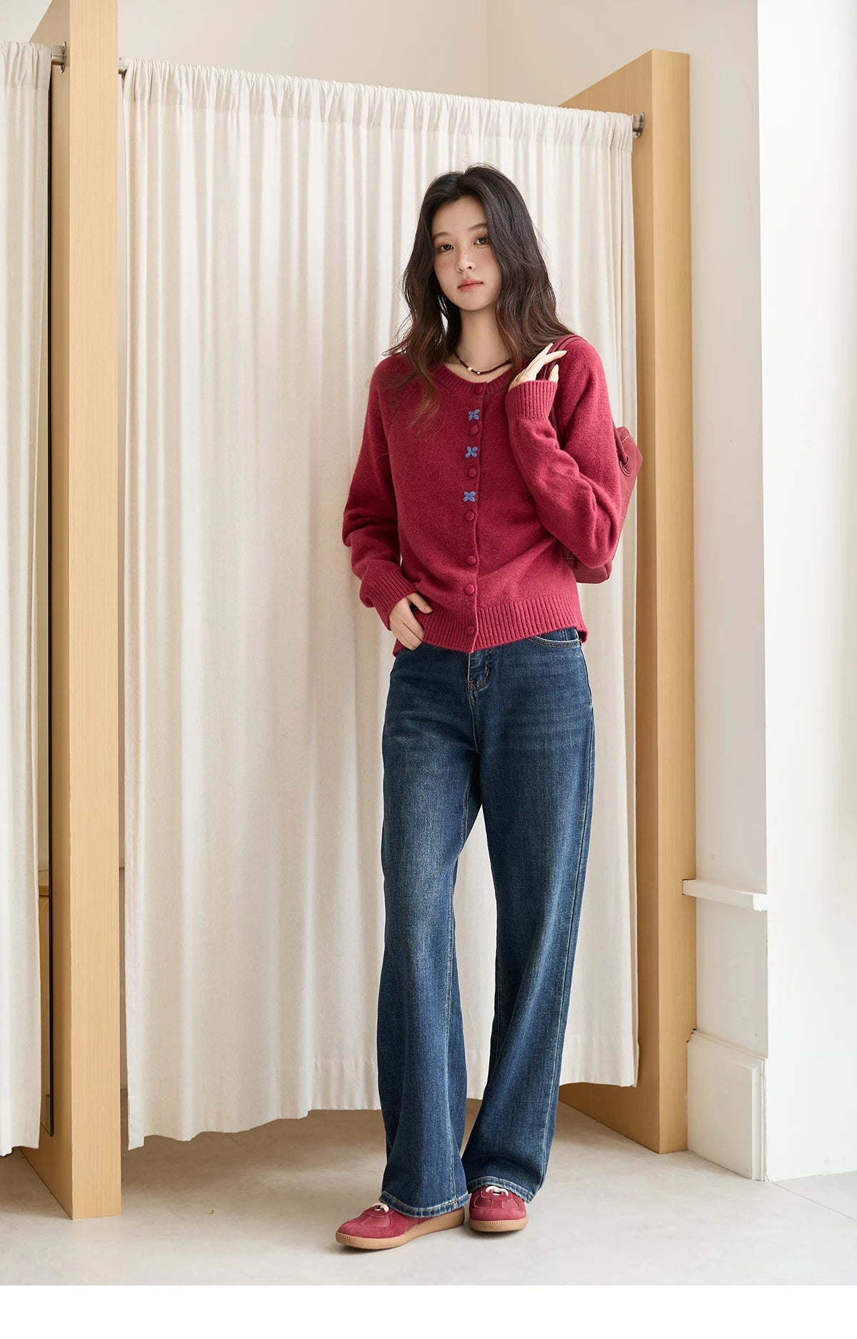 Mishow Red Round Neck Embroidered Cardigan MXE47Z2621
