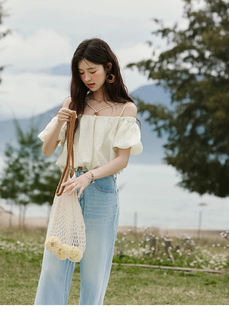 MISHOW French Camisole Shirt Off-Shoulder Lace Puff Sleeve MXE33X1755