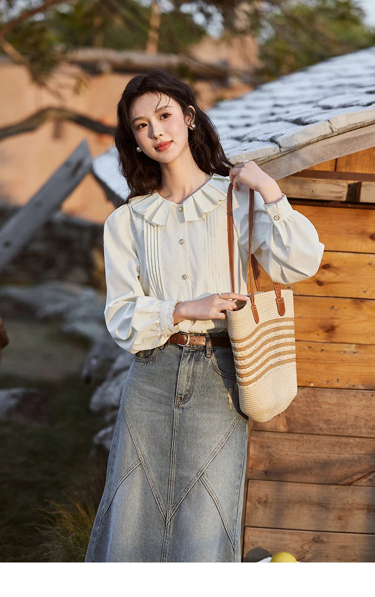 MISHOW Tucker Pleats Doll Neck Shirt Ruffled O Neck MXE12C0401