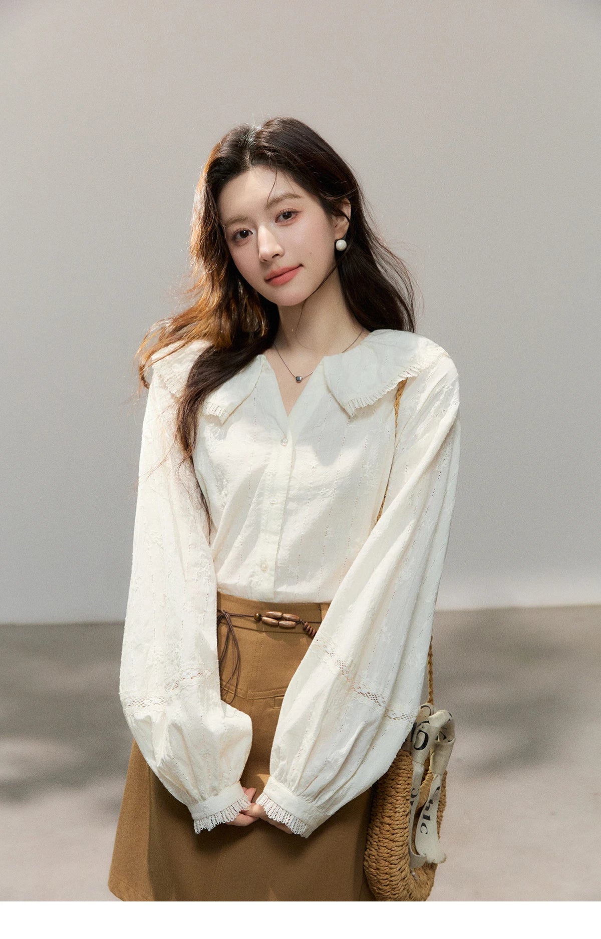 MISHOW Beige Lace Shirt Peter Pan Collar Micro Lantern Sleeve MXF108C0813
