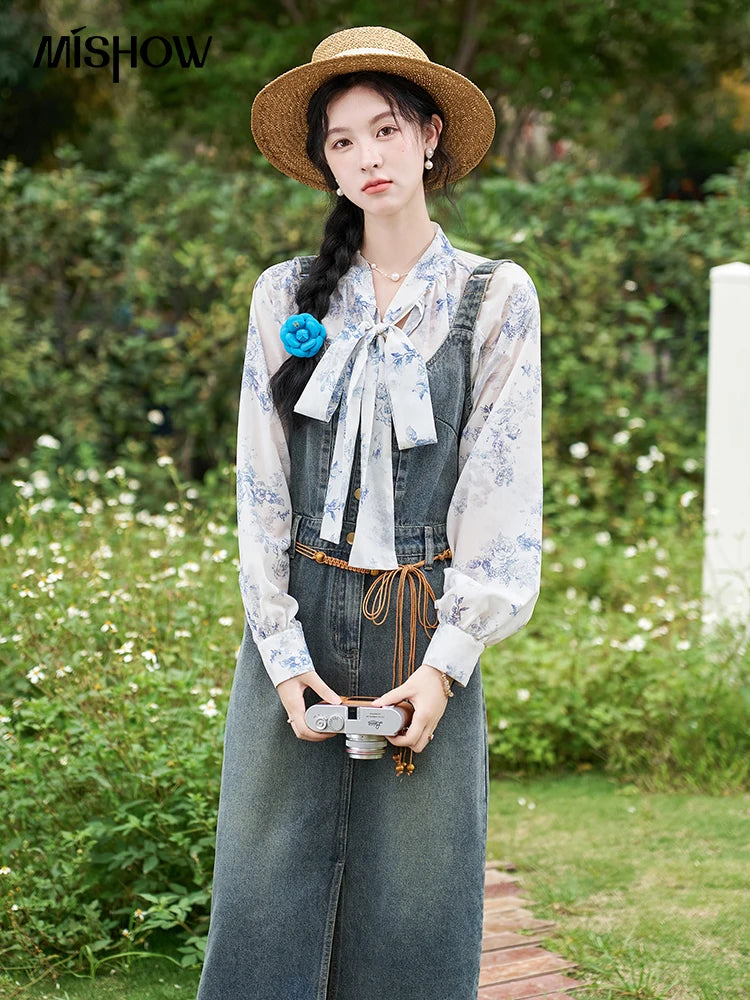 MISHOW Retro Denim Strap Pocket Midi Dress MXD14L1817