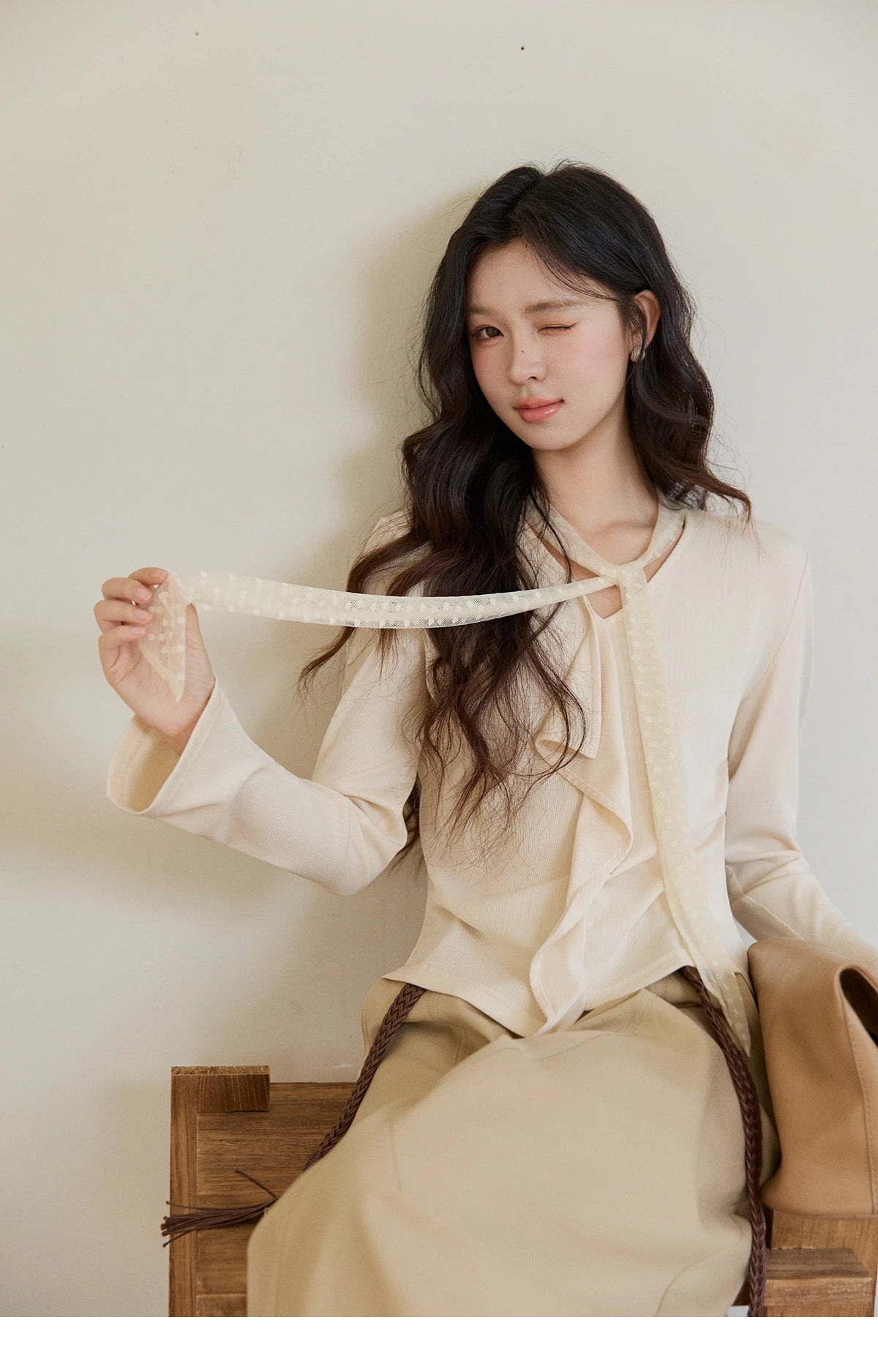 Mishow V-Neck Lace Ribbon Flare Sleeve Top MXF108Z1016
