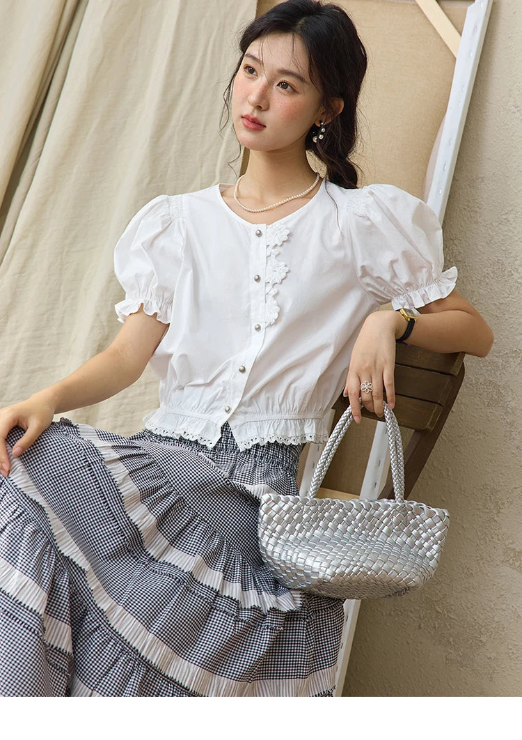 MISHOW Lace Puff Sleeve Shirt Flower Buttons Hem Elastic MXE34X1820