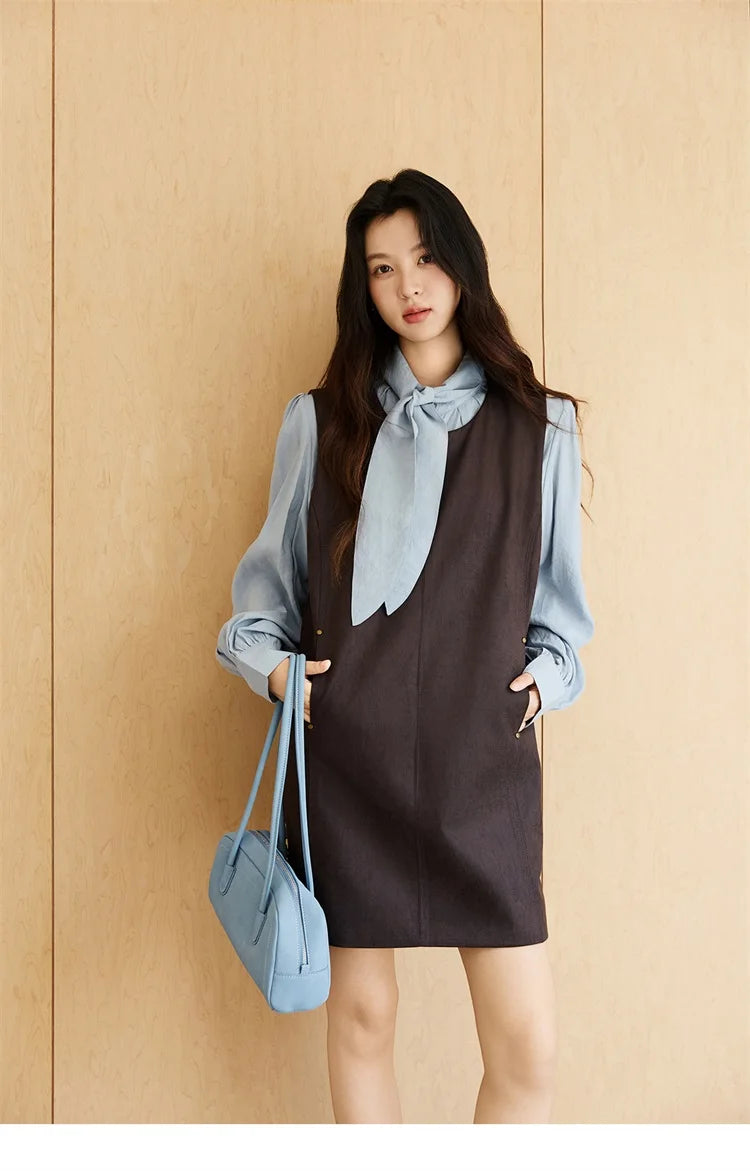 Mishow Light Blue Shirt & Brown Vest Skirt Suit MXE47T1408