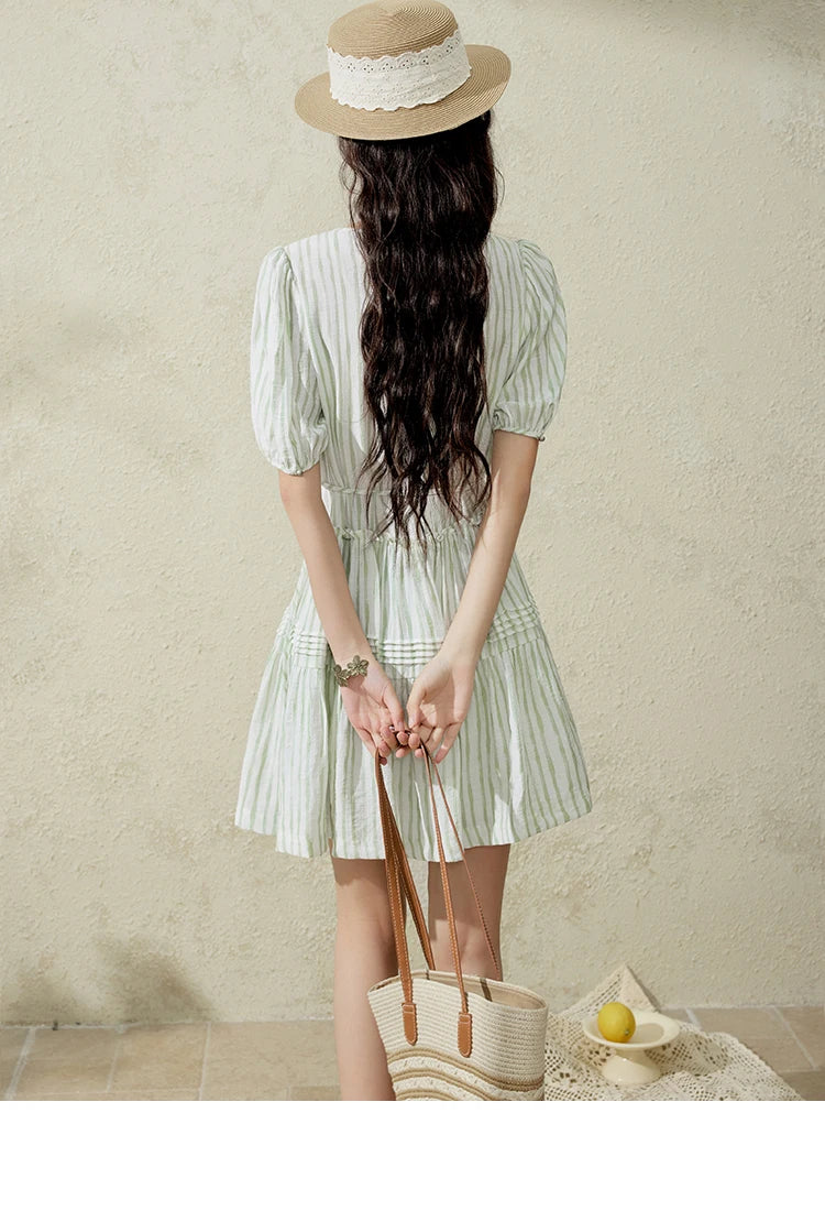 MISHOW French Green Striped Puff Sleeve Dress MXE15L2141