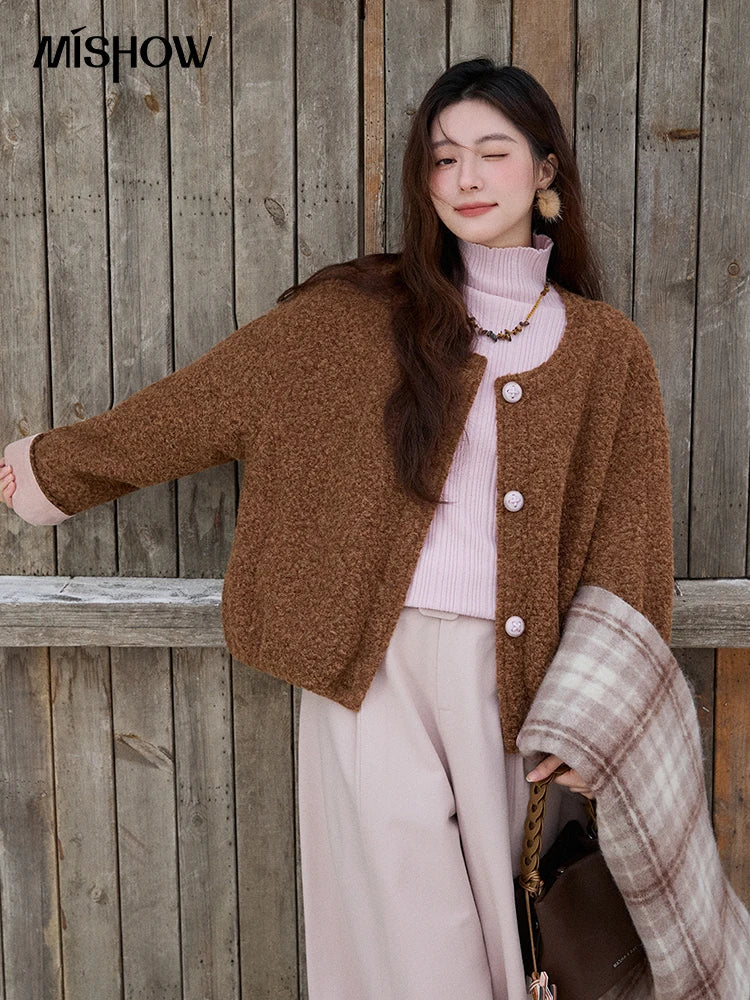 MISHOW Brown Wool Quilted Coat Round Neck Short Loose MXE87W0935