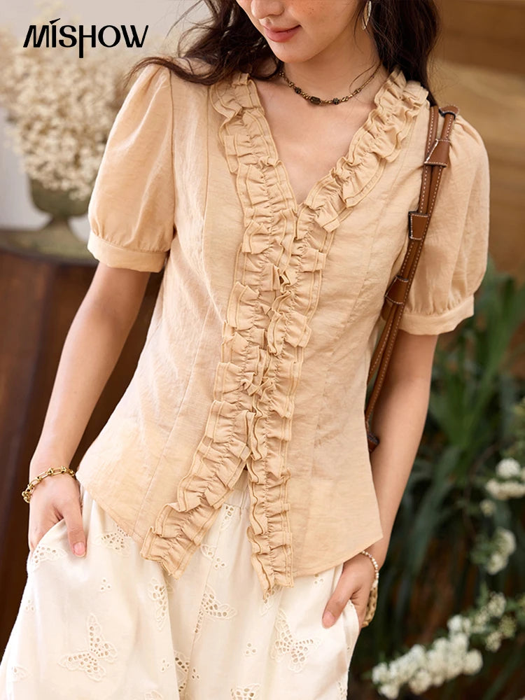 MISHOW V-Neck Blouse Puff Sleeve Fungus Edge Slim MXE35X1841