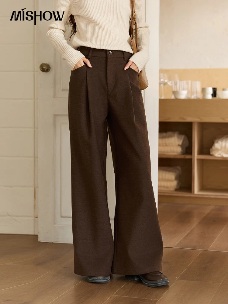 MISHOW Brown Wide-Leg Pants High Waist Drape Trousers MXE51K1094