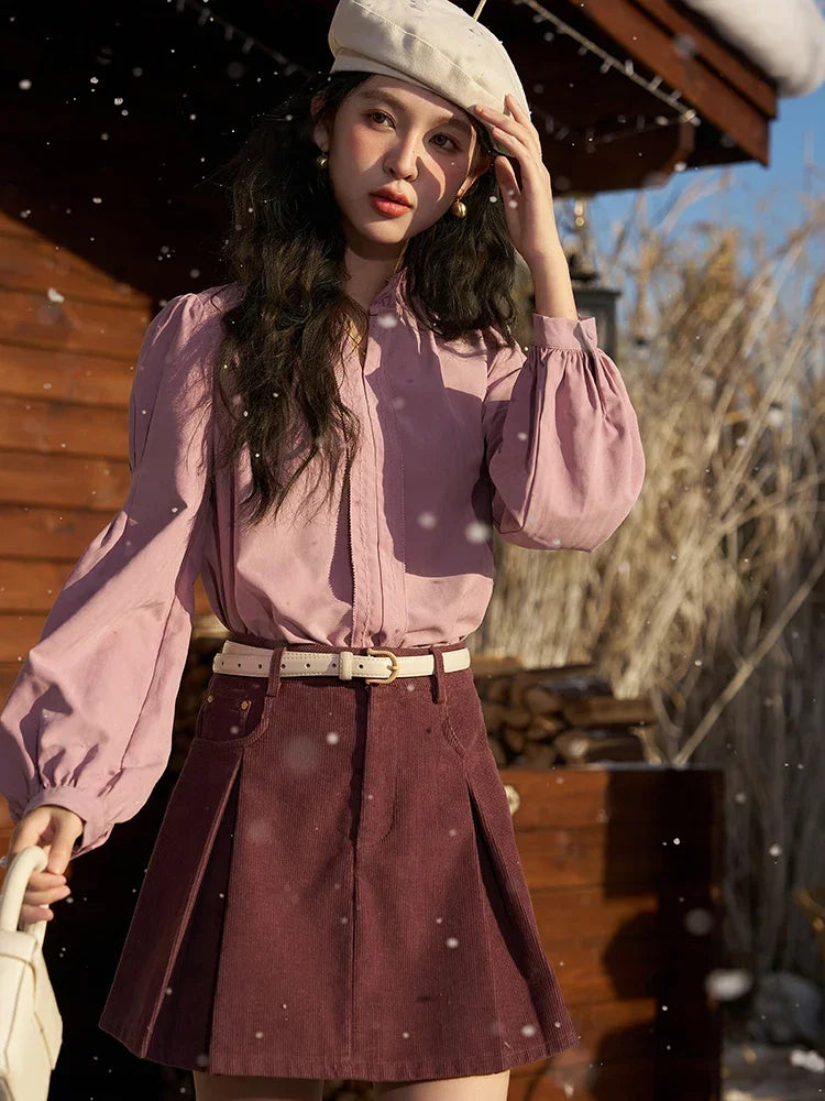 MISHOW Button Up Lantern Sleeve Shirt Ruffle Neck MXC56X1320