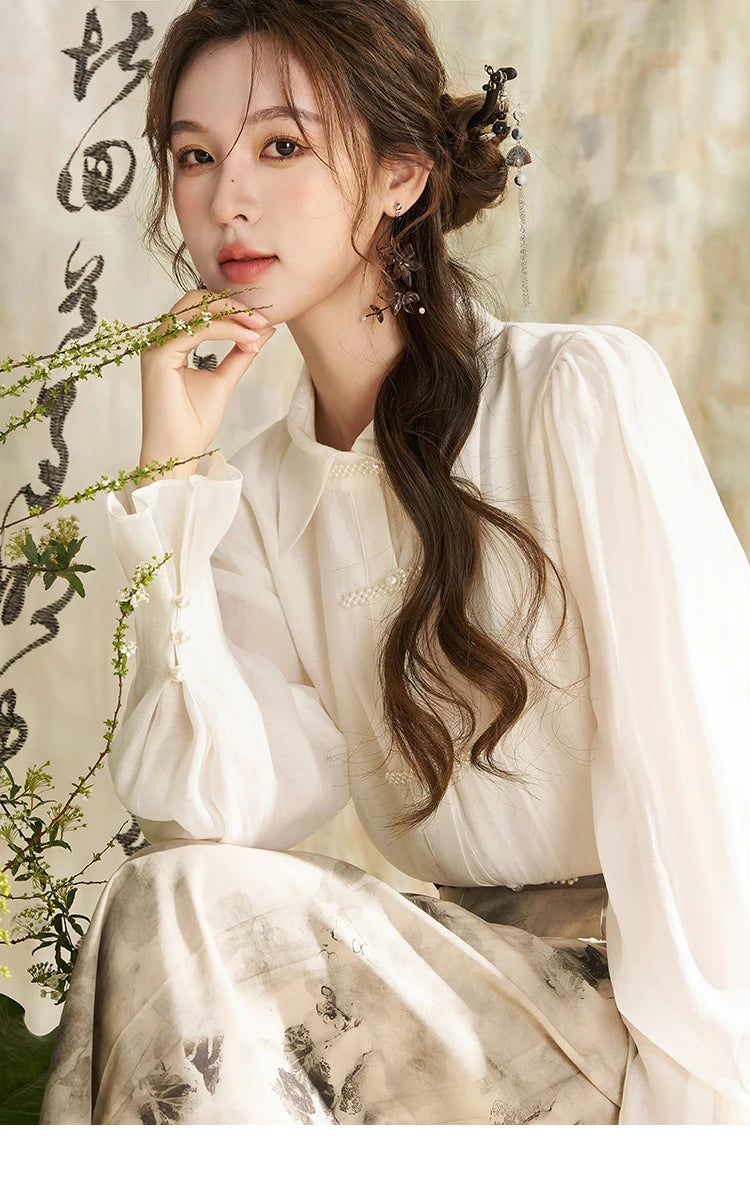 MISHOW Chinese Lapel Shirt Pearl Embellishments Petal Sleeve MXD11X1344