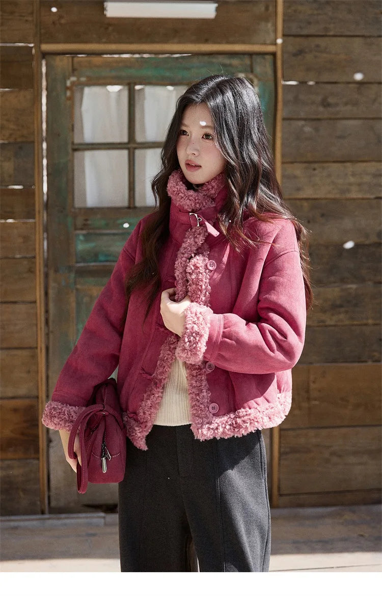 Mishow Dragon Fruit Red Suede Patchwork Coat MXE87W0942