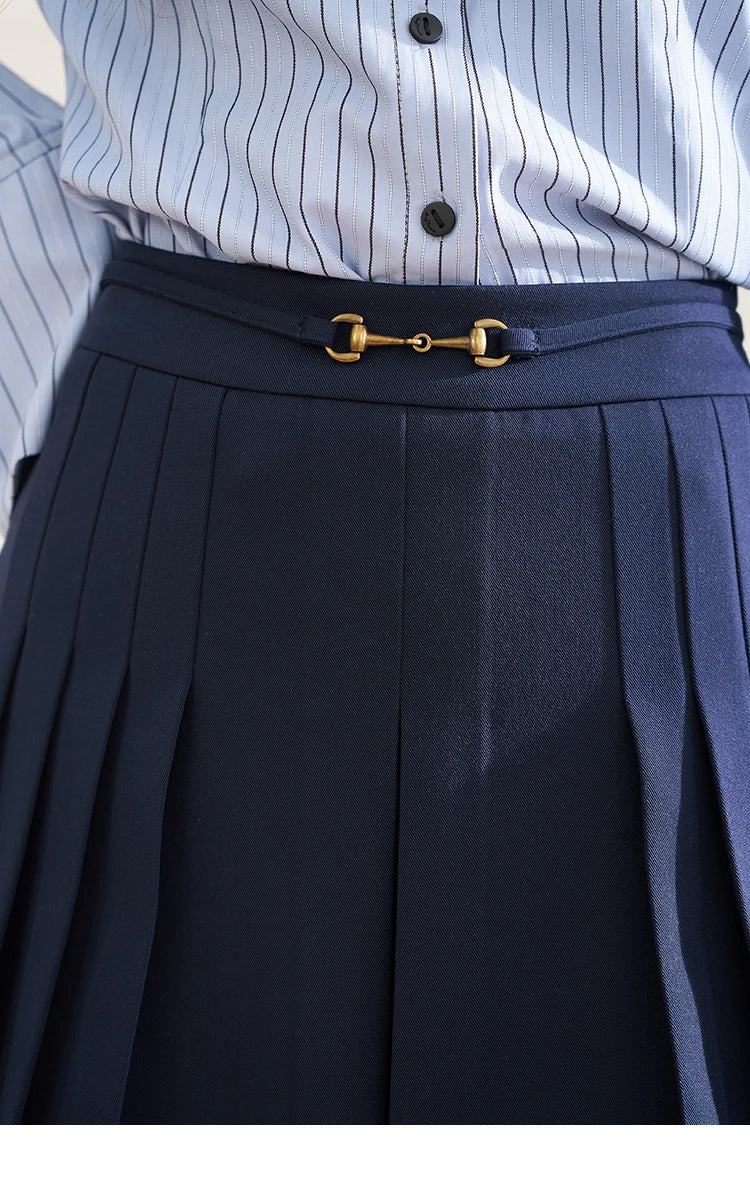 Mishow Dark Blue Pleated Metal Buckle A-Line Skirt MXD12B0224